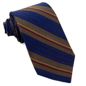 HICKEY FREEMAN Mens Woven 100% Silk Neck Tie  STRIPED Navy Blue/Brown/Gold/Red